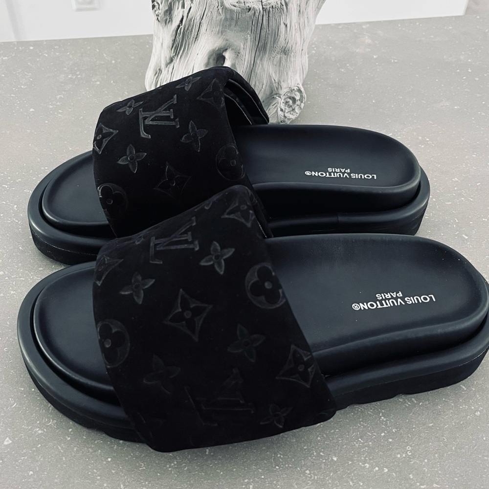 Louis Vuitton Velvet Mules Pool Black Monogram Slide Sandals - Women